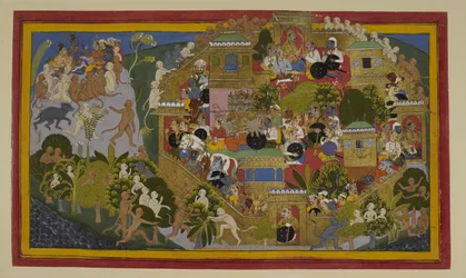 Rāvaṇa tildeler Laṅkās forsvar; Rāma speidere fra Mount Suvela