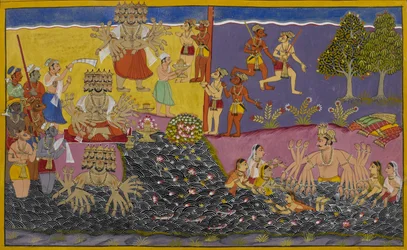 Rāvaṇa tilber lingaen ved Narmada mens kong Arjuna bader i nærheten