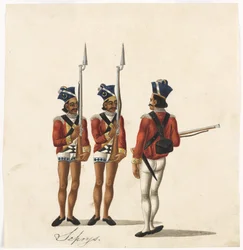 Sepoys og en indisk offiser, Bengal Army, ca. 1815 (akvarell på papir)