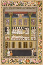 Shah Jahan hedrer den religiøse ortodoksien, side fra St. Petersburg-albumet, ca. 1635 (ugjennomsiktig akvarell og gull på papir)