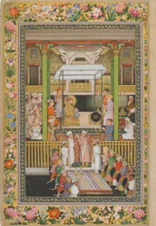 Shah Jahan hedrer den religiøse ortodoksien, side fra St. Petersburg-albumet, ca. 1635 (ugjennomsiktig akvarell og gull på papir)