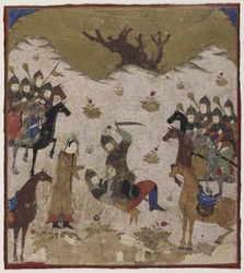 Shahru identifiserer Burzu som Rustams barnebarn under den siste kampen mellom Rustam og Burzu, ca. 1425-50 (ugjennomsiktig akvarell og gull på papir)