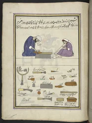 Skomaker og kona lager en tøffel,  86 tegninger bundet inn i et bind som viser handel og yrker i Kashmir, håndverkere vises i arbeid med redskaper og utstyr,  Av en Kashmir-kunstner, sannsynligvis i Srinagar, ca. 1850-60 (gouache på papir)