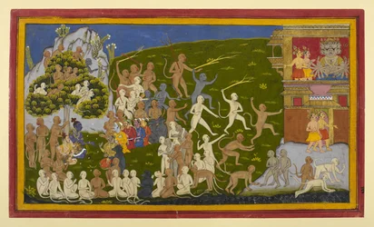 Spioner Śuka og Sāraṇa tatt til fange, rapporterer til Rāvaṇa; aper trakasserer Laṅkā