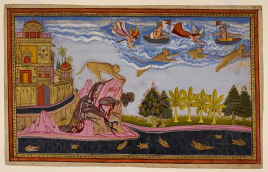 Sītā ber for Hanumān, som beroliger henne og vender tilbake, flyvende gjennom skyene, overøst med blomster. 1653 (miniatyr)