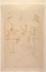Kontorist Nabin dreper sin kone Elokeshi med en grønnsaksskreller, ca. 1880 (akvarell på papir)