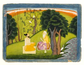 To vismenn i diskusjon i et landskap, ca. 1785 (ugjennomsiktig wc og gull på papir)