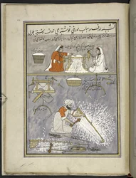 To kvinner rensing av bomull; mann som karder bomull,  86 tegninger bundet inn i et bind som viser handel og yrker i Kashmir, håndverkere vises i arbeid med redskaper og utstyr,  Av en Kashmir-kunstner, sannsynligvis i Srinagar, ca. 1850-60 (gouache på