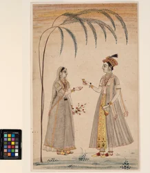 To kvinner under et tre, ca. 1750 (ugjennomsiktig akvarell og gull på papir)
