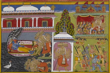 Viṣṇu hviler hos Lakshmi mens Rāvaṇa faller, og deretter bortfører kvinner i vognen sin