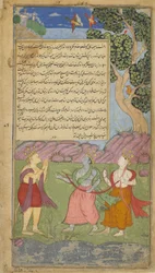 Vol.1 fol.140 Hanuman nærmer seg Tama og Laksmana i skikkelse av en asket (ugjennomsiktig akvarell, blekk og gull på papir)