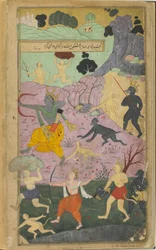 Vol.2 fol.237 Rama og Laksmana blir med i angrepet på Lanka (ugjennomsiktig akvarell, blekk og gull på papir)