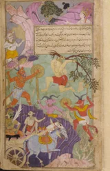 Vol.2 fol.251 Hanuman og apene angriper demonene, og tvinger Indrajita til å bryte av offeret som ville gjøre ham uovervinnelig (ugjennomsiktig akvarell, blekk og gull på papir)