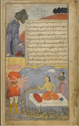 Vol.2 fol.313 Ravana samtaler med Mahajambunada, som er omgitt av en ildring og deltatt av Lakshmi (ugjennomsiktig akvarell, blekk og gull på papir)