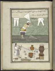 Vaskemann og vaskekone,  86 tegninger bundet inn i et bind som viser handel og yrker i Kashmir, håndverkere vises i arbeid med redskaper og utstyr,  Av en Kashmir-kunstner, sannsynligvis i Srinagar, ca. 1850-60 (gouache på papir)