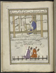 Vever ved en vevstol som lager grovt tøy (patu); kvinner som stikker seg,  86 tegninger bundet inn i et bind som viser handel og yrker i Kashmir, håndverkere vises i arbeid med redskaper og utstyr,  Av en Kashmir-kunstner, sannsynligvis i Srinagar, ca