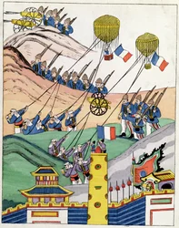 Plakat som viser de franske troppene ved bruk av fangede ballonger på tidspunktet for erobringen av Tonkin, 1884