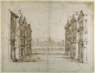 Engelske hus med London og Themsen langt unna (penn og blekk på papir)