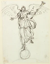 Berømmelse, foreløpig skisse, ca. 1631 (penn og blekk på papir)