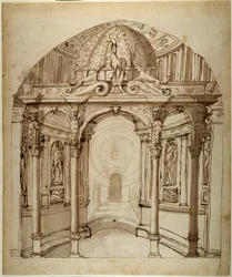 Interiør av palasset, ca. 1611 (penn og blekk på papir)