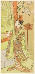 Skuespilleren Iwai Hanshiro IV som Kiyohime i stykket Hidakagawa Iriai-zakura, fremført på Morita Theatre i den niende måneden, 1770