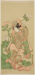 Skuespilleren Segawa Kikunojo II i Shakkyo Dans i stykket Soga Moyo Aigo no Wakamatsu, fremført på Nakamura Theatre i den andre måneden, 1769