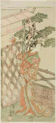 Skuespilleren Yamashita Kinsaku II som Moshio, kone til Ito Sukekiyo, i stykket Izu-goyomi Shibai no Ganjitsu, fremført på Morita Theatre i den ellevte måneden, 1772