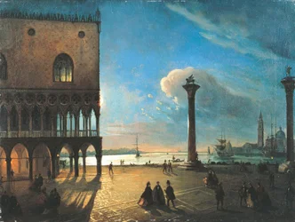 Piazzetta San Marco i måneskinn, Venezia, av Ippolito Caffi (1809-1866), olje på lerret, 52x70 cm