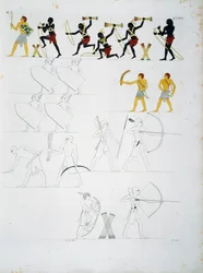 Militære scener, soldater med buer og piler, fra gravene til Beni Hasan, plate CXVIII, fra monumenter i Egypt og Nubia: sivile monumenter