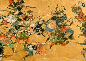 De to midterste panelene som viser scener fra slaget om Osaka, Japan, 2005 (bilde)