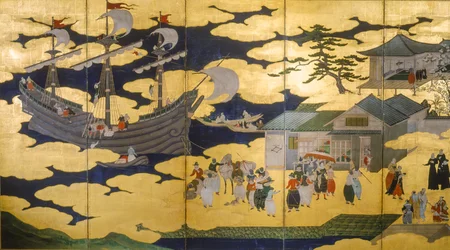 Samurai - Sammenleggbar skjerm av Namban Byobus - Sørstatsbarbarer - Et portugisisk skip som går inn i en japansk havn..., 2005 (bilde)