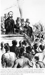 Michael Davitt henvendte seg til 100 000 personer i Jones Wood, USA, fra Irish World, 5. juni 1880