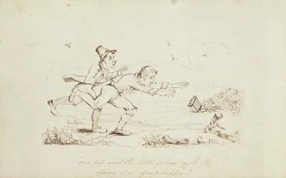 Over Pop Went the Little Fellow with the Spring of a Grasshopper, bokillustrasjon som viser Two Irishmen Chasing a Leprechaun, 1800-tallet (penn og blekk på papir)