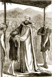 St. Columba velsigner en vill gutt, fra The Trias Thaumaturga, eller Three Wonder-Working Saints of Ireland, av Mary Cusack (1829-99) utgitt ca. 1890-tallet