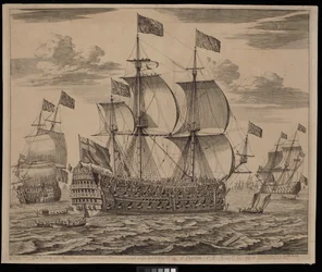 Seieren, et førsteklasses skip som fraktet åtte hundre mann og ett hundre og fire kanoner, bygget av Mr. Lee fra Chatham (gravering)