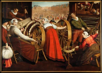 Arbeidere som spinner og vever ull, ca. 1600 (olje på tre)