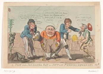 Tegneserie om kapitulasjonen til den bataviske flåten i Saldanha Bay, 1796 A Peep into Saldanha Bay eller Dutch Perfidy Rewarded (tittel på objekt)
