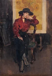 En elegant dame poserer foran solsikkene til Vincent van Gogh, ca. 1916–20 (olje på lerret)