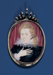Portrettminiatyr av en ung herre, ca. 1615 (akvarell på vellum lagt ned på kort med sølvforgylt ramme)