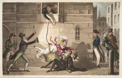 Capping a Proctor, eller Oxford Bull-hunder som oppdager frekke smuglere, fra The English Spy, publisert London, 1824 (håndfarget gravering))
