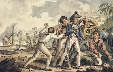 Kaptein Burney oppdager sine drepte skipskamerater, illustrasjon fra "The Voyages of Captain Cook"