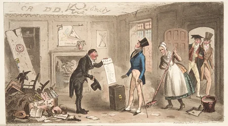 College Comforts, A Freshman tar besittelse av rommene sine, fra The English Spy, pub. 1824 (håndfarget gravering)