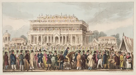 Doncaster Race Course under Great St. Leger Race, 1824, fra The English Spy, pub. 1824 (håndfarget gravering)