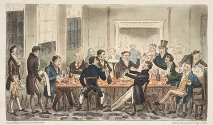 Evening and in High Spirits, en scene på Longs Hotel, Bond Street, fra The English Spy, pub. 1824 (håndfarget gravering)