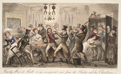 Family Men at Fault, eller et uventet besøk fra The Bishop and his Chaplains, fra The English Spy, pub. 1824 (håndfarget gravering)