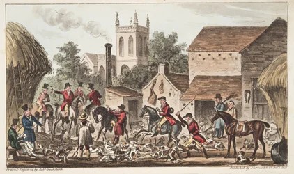 Går ut; En utsikt over Berkeley Hunt Kennel, fra The English Spy publisert 1824, (håndfarget gravering)