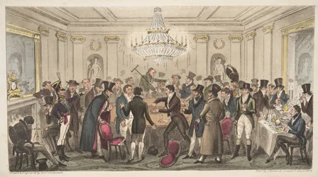 Interiør i et moderne helvete - video. The Cogged Dice, fra The English Spy, pub. 1824 (håndfarget gravering)