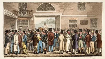 Mandag etter Great St Leger, eller Heroes of the Turf Paying and Receiving at Tattersalls, fra The English Spy, pub. 1824 (håndfarget gravering)