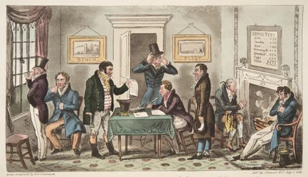 Morning and in Low Spirits, a Lock Up scene in a Sponging House, Cary Street, a bit of Good Truth, fra The English Spy, publisert London, 1824