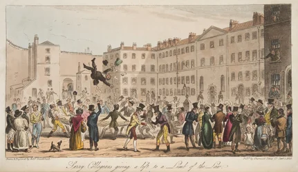 Surrey Collegians gir et løft til a Limb of the Law, fra The English Spy, publisert London, 1824